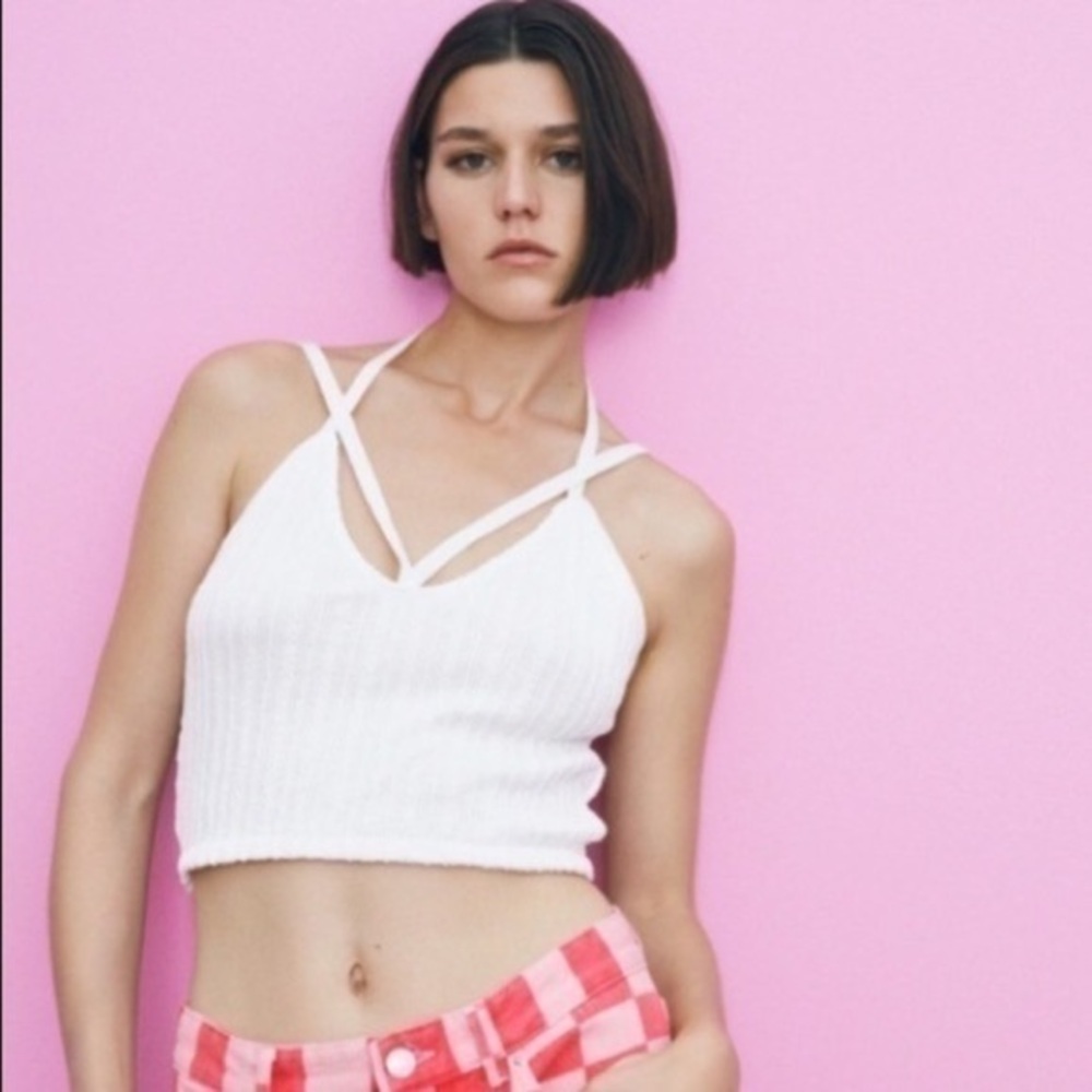 ZARA Double Cable Knit Top With Halter crossed straps Blogger Fav NWOT size Sm